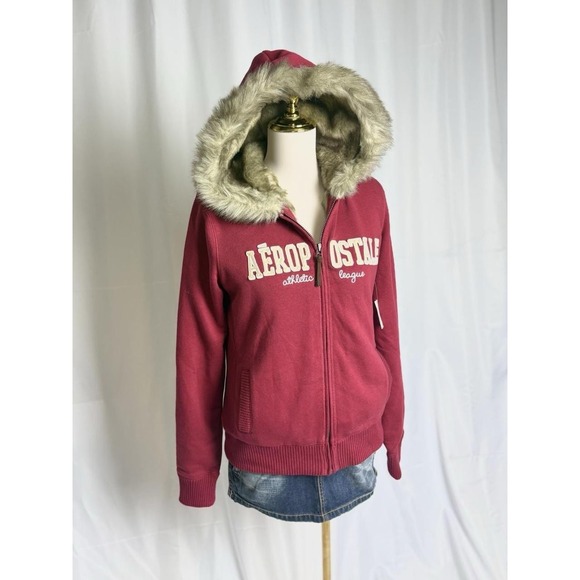 Aeropostale Y2K Faux Fur Lined Zip Up Hoodie XL Red Rare - Picture 2 of 6
